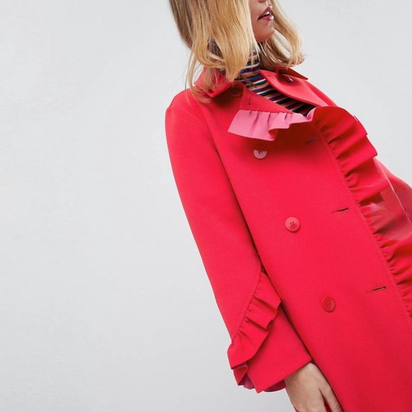 ASOS DESIGN Petite Frill Bonded Red Pink Ruffle Double Breasted Trench Coat 6 - Picture 2 of 14